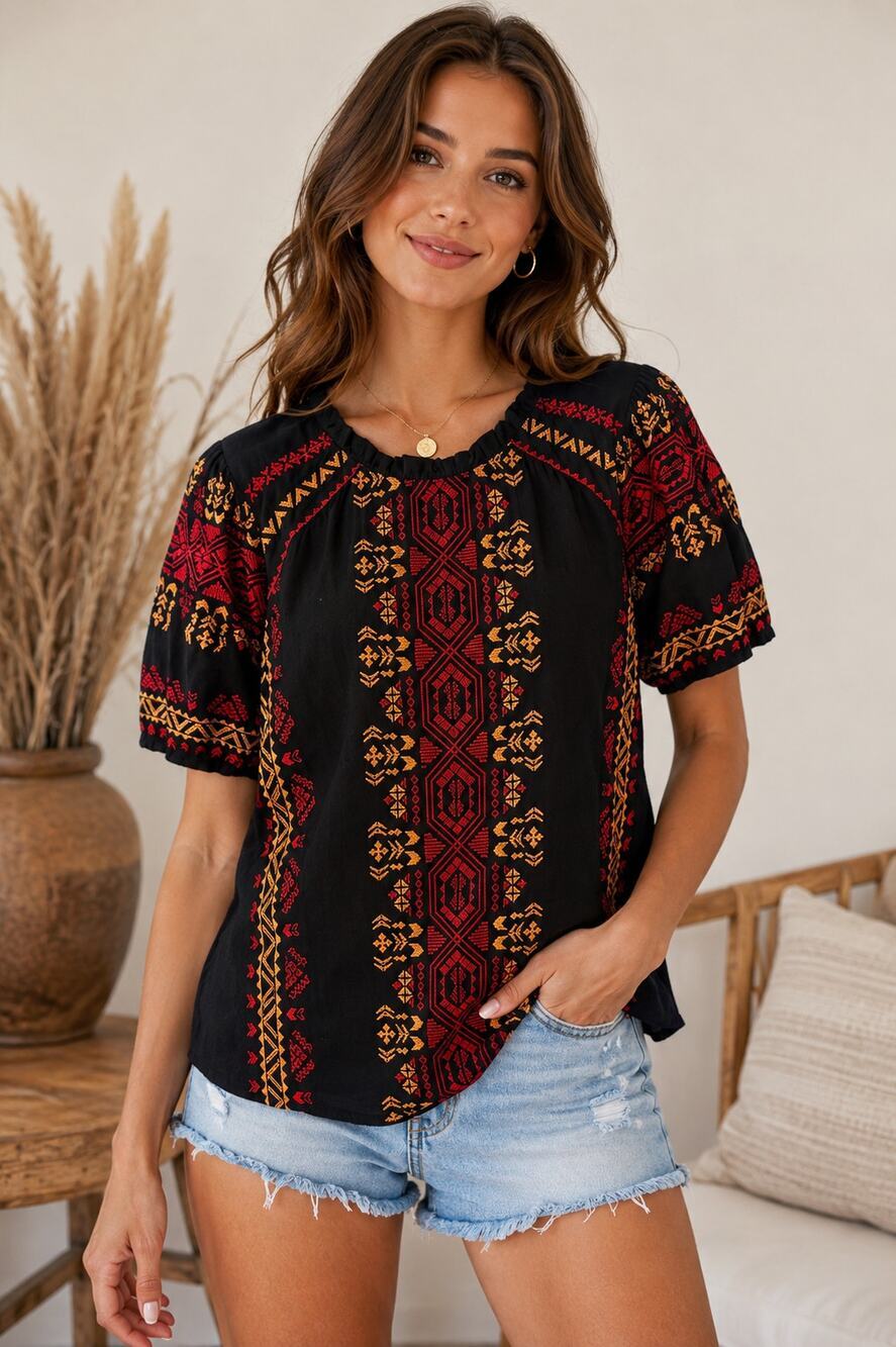 Savannah Jane Embroidered Cotton Boho Peasant Blouse Black Red Size Small